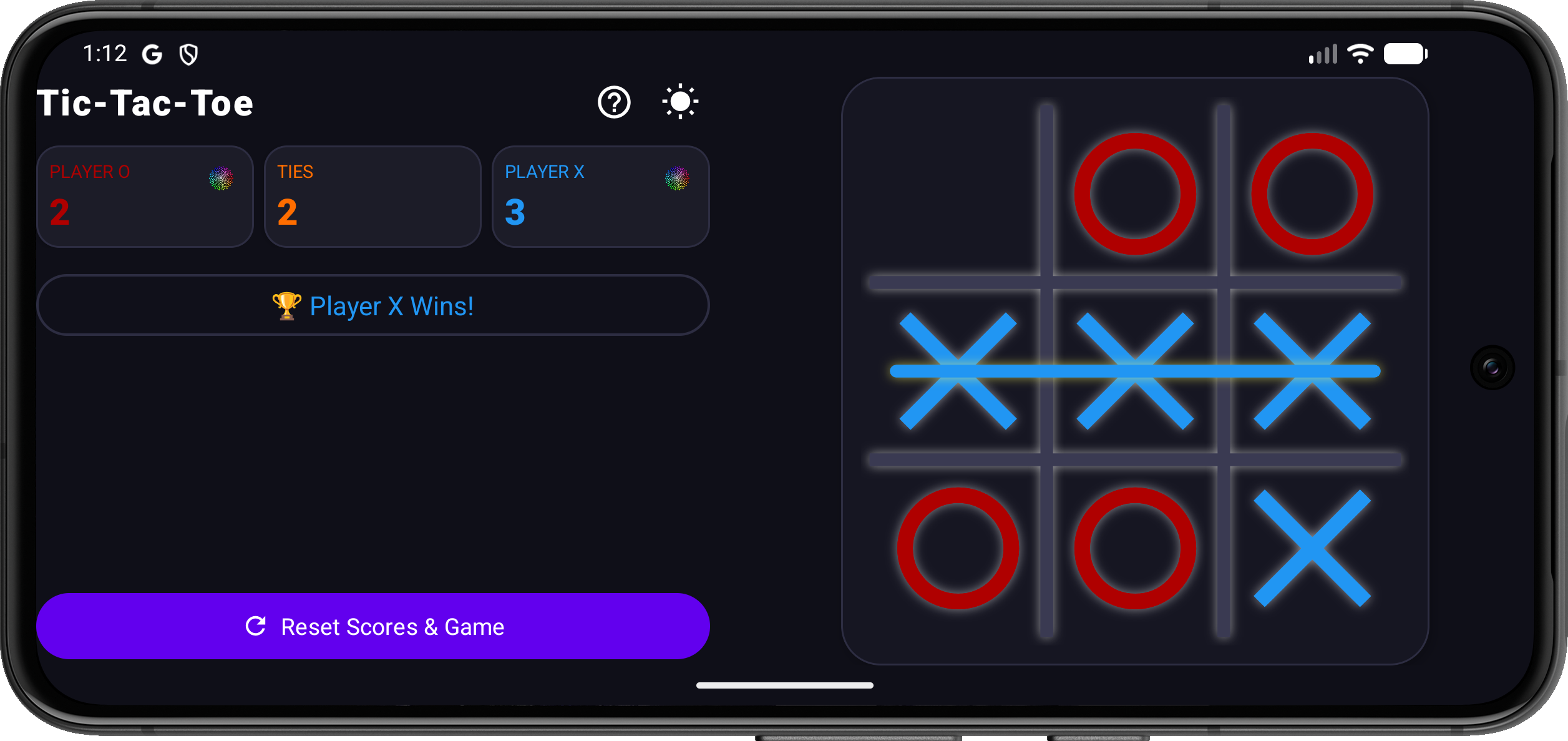 Tic-Tac-Toe gameplay showing Player O, ties, Player X, the current turn, reset control, and the game board